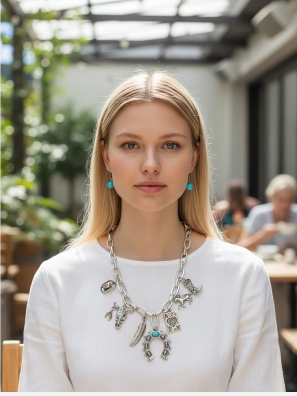 Silver Charm Statement Necklace with Turquoise Accents - Women Jewelry